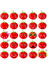 Set digital collage of fresh red tomato with different expressions
