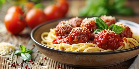 Italian-style meatballs on a rustic wooden surface, topped with savory tomato sauce. - obrazy, fototapety, plakaty