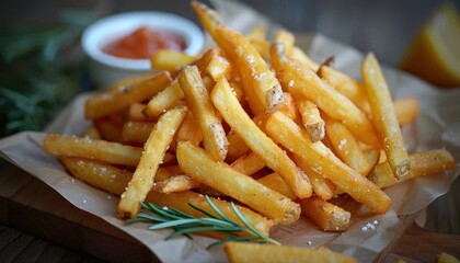 Fast food dish of French fries served with ketchup on a cutting board