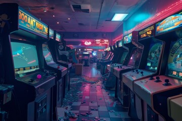 A nostalgic arcade atmosphere with retro gaming cabinets, glowing screens, and arcade tokens scattered on the floor, Generative AI