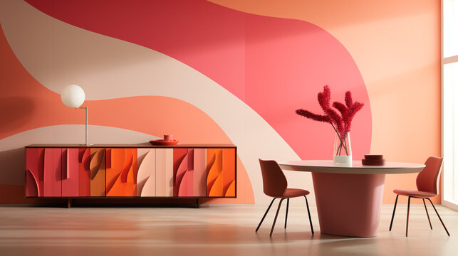 A minimalist dining room with a bold, graphic wallpaper in shades of pink and orange, paired with sleek, modern furniture and ample copy space.