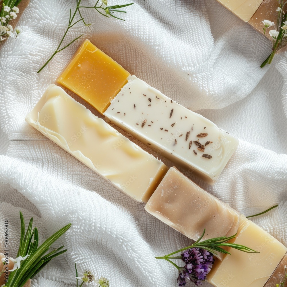Poster group of soap bars on a white towel. ideal for hygiene and spa concepts