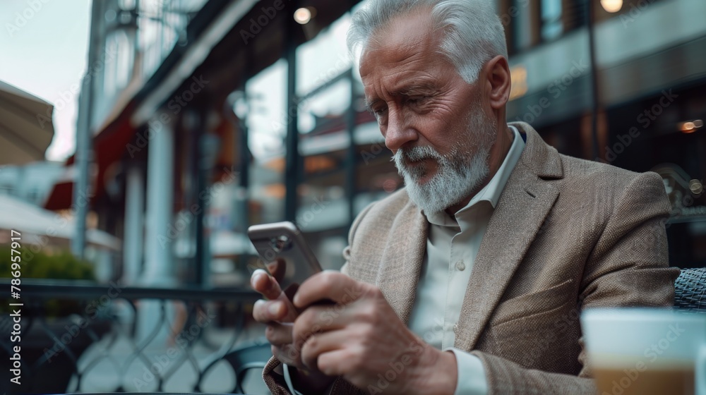 Poster A man sitting at a table using a cell phone. Suitable for technology and communication concepts