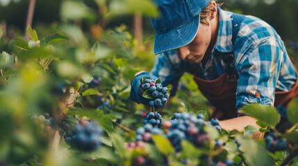 Adolescent harvesting blueberries on a household estate for seasonal employment.