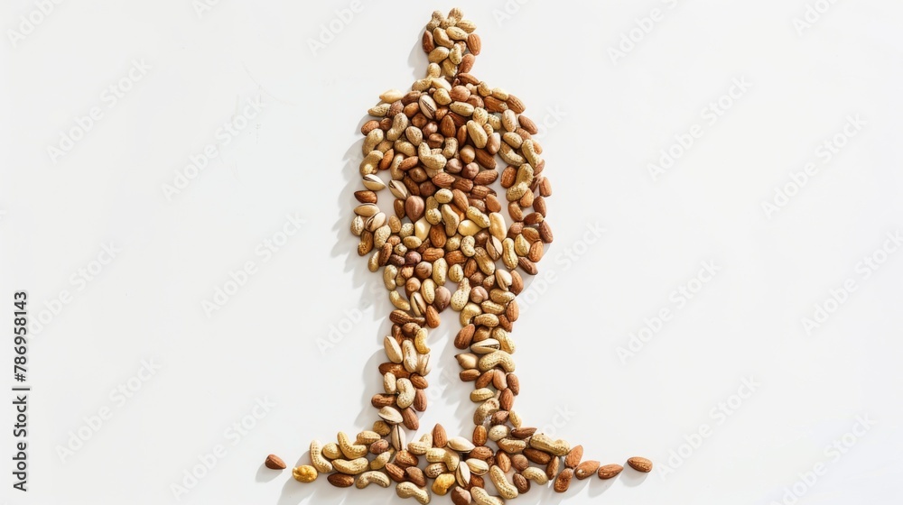 Poster a man made out of nuts on a white surface. suitable for food-related projects