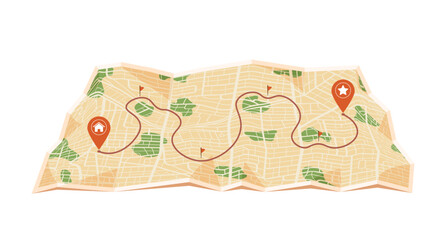 Paper map with red point. Local street gps navigate. City route navigation to marker. Geography distance plan. Vector illustration on white background