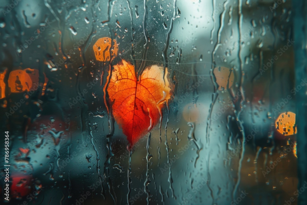 Poster a vibrant red leaf resting on a rain-covered window. perfect for autumn or nature themes