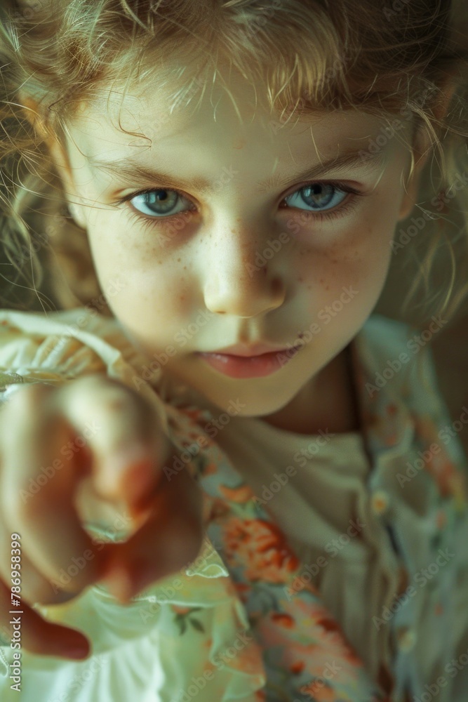 Poster A little girl pointing directly at the camera. Suitable for various concepts
