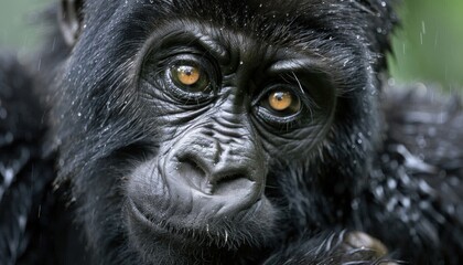 Closeup of a primate with orange eyes in the darkness of the jungle - obrazy, fototapety, plakaty