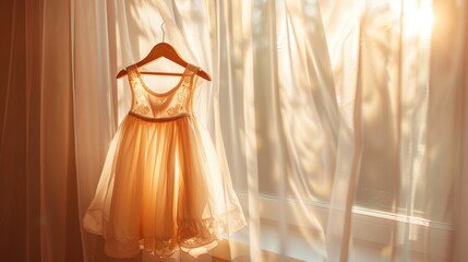 Golden evening dress on a hanger in front of a bright window with sunlight filtering through.