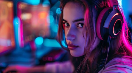 Intense young female gamer with headphones playing at a cybercafe with colorful neon lighting in the background.