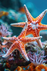 Close up of a starfish on a colorful coral reef, perfect for marine life concepts