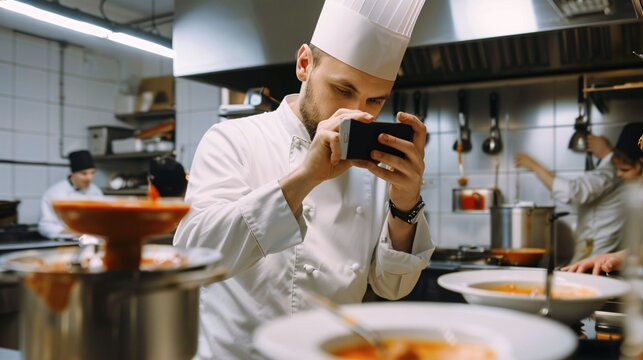 A fledgling cook captures a shot of co-worker sampling broth in the culinary space.