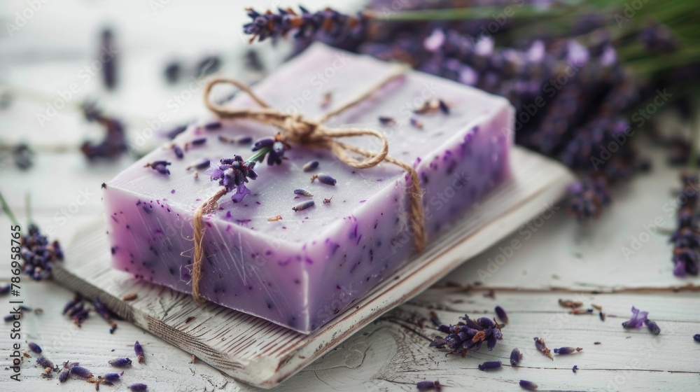 Poster close up of a soap on a plate with lavender flowers. ideal for spa and relaxation concepts