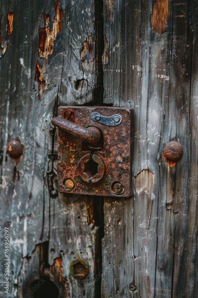 Poster a weathered padlock securing a wooden door. suitable for security concepts