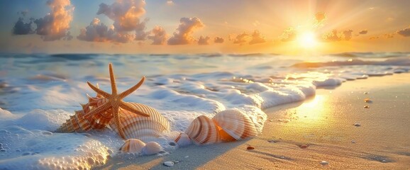 Careful examination of seashells washed ashore, each one a potential treasure, professional photography and light, Summer Background - obrazy, fototapety, plakaty