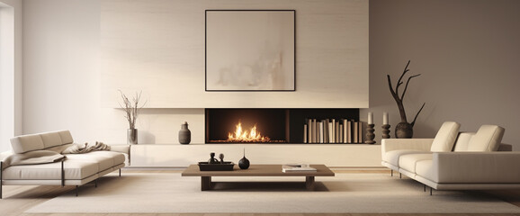 A minimalist living room with low-slung furniture and abstract artwork, centered around a modern fireplace. - obrazy, fototapety, plakaty