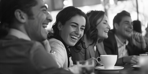 A group of people sitting at a table with cups of coffee. Suitable for cafe or business concept