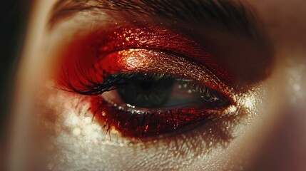 Close-up of a person's eye with striking red makeup. Perfect for beauty or Halloween-themed projects