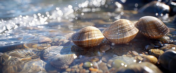 Careful examination of seashells washed ashore, each one a potential treasure, professional photography and light, Summer Background