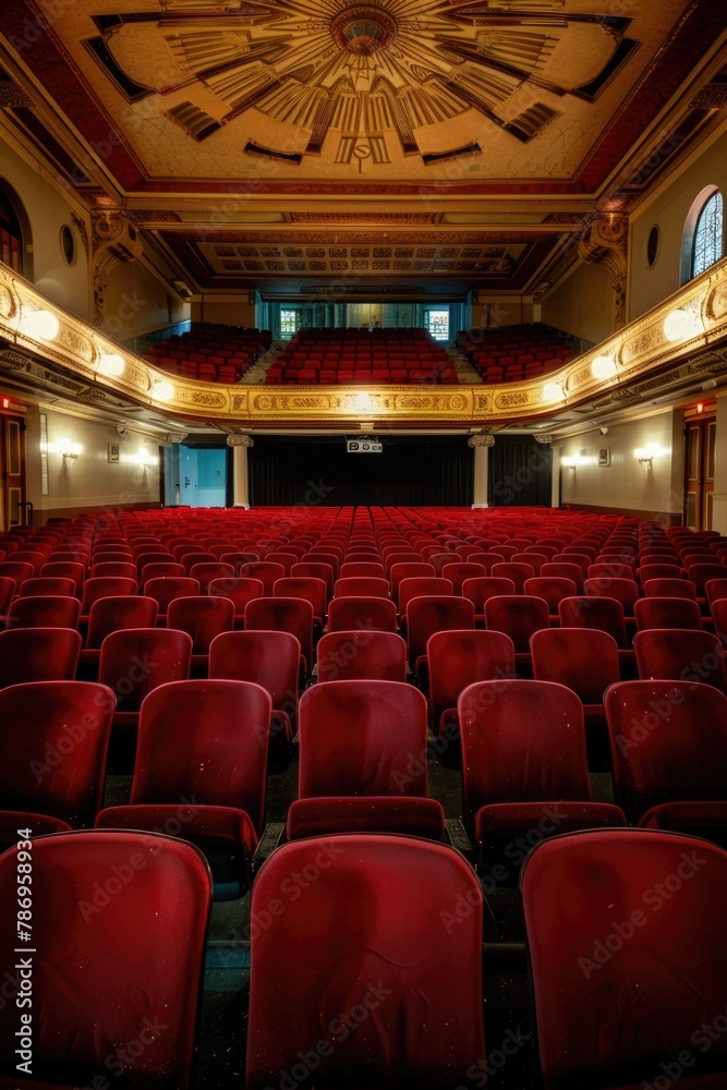 Poster an empty theater with red seats. ideal for theater or entertainment industry concepts