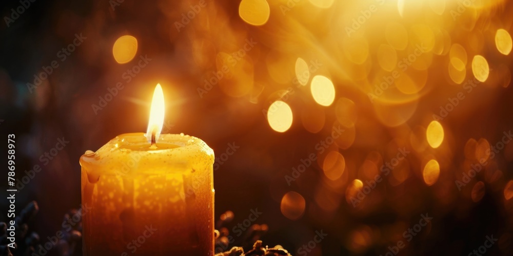Aufkleber A single lit candle resting on a table. Ideal for adding warmth and ambiance to any project