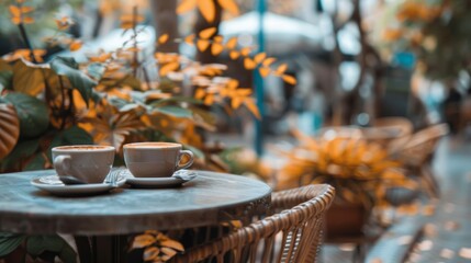 Two cups of espresso on a café table amidst a serene outdoor setting.