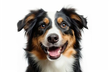 Head shot of a Happy tri-color Mongrel dog looking at the camera, isolated on white . photo on white isolated background