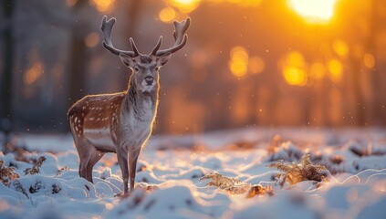 A fawn deer with horn standing in freezing snow at sunset