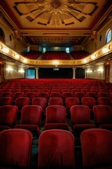 An empty theater with red seats. Ideal for theater or entertainment industry concepts