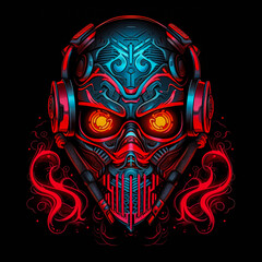 A skull with red and blue colors and a red flame on the right side