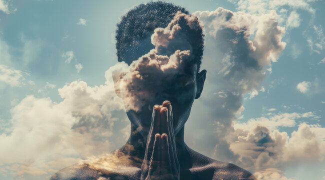 Black person, prayer hands and clouds or heaven for Christianity support or Jesus faith, praise or forgiveness. Religion, grace and holy spirit for God worship with lord belief, blue sky or guidance