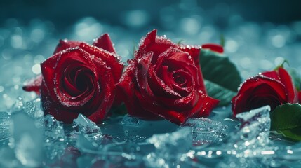 Close-up of vibrant red roses with delicate water droplets on petals, set against a contrasting blue icy background.