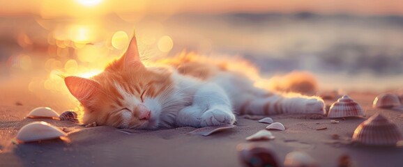 Catnap dreams filled with seashell whispers, professional photography and light , Summer Background - obrazy, fototapety, plakaty