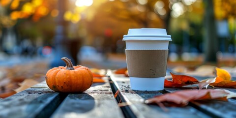A takeaway coffee cup and a small pumpkin sit amidst fallen leaves on a wooden table, signaling a cozy autumn vibe. - obrazy, fototapety, plakaty