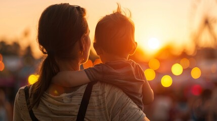 A mother holds her young child, looking at a sunset that illuminates a festive fair with bright bokeh lights.