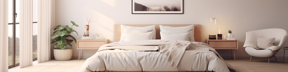 A serene bedroom with muted tones and minimalist decor, offering plenty of copy space for restful nights.