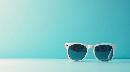 A pair of stylish white sunglasses lying on a bright blue surface with space for text.
