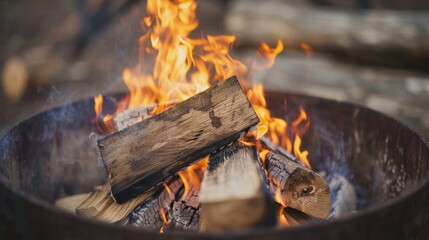 Crackling wood fire burning in a metal fire pit, capturing the warmth and ambiance of a campfire.