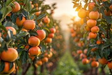 Lush garden with trees full of ripe fruit, embraced by sunlight