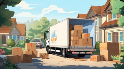 A moving truck is parked in a driveway on a sunny day, surrounded by numerous cardboard boxes. Moving Day with Packed Cardboard Boxes and Truck