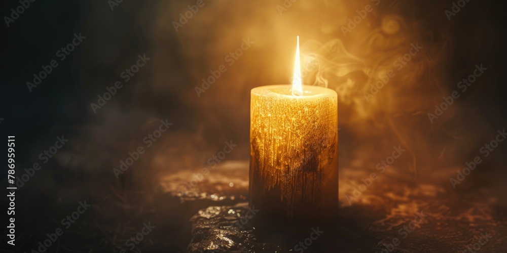 Poster A simple image of a lit candle on a table. Suitable for various uses