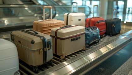 Suitcases and bags on the airport baggage carousel create an exciting modern look