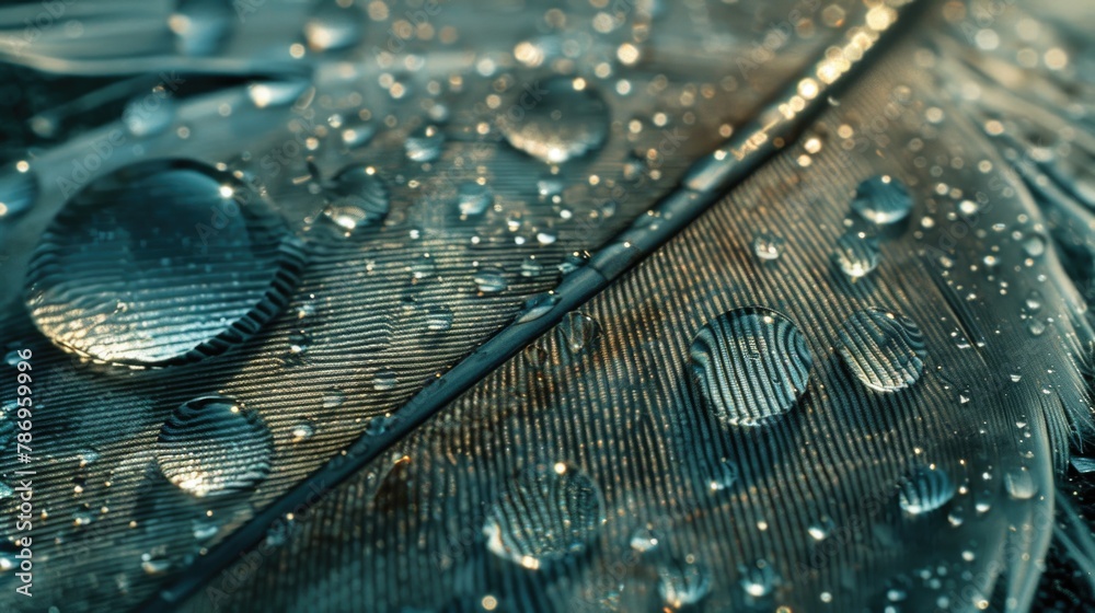 Poster close up of water droplets on a delicate feather. suitable for nature and macro photography projects