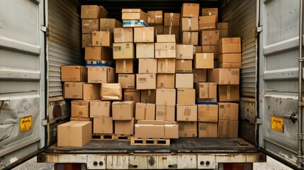Open cargo area of a delivery truck full of various sized cardboard boxes, depicting logistics.