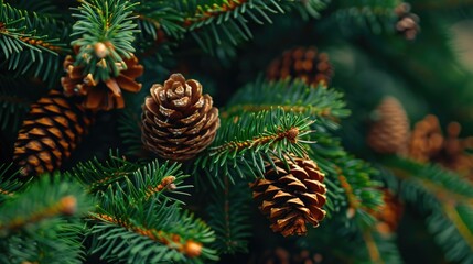 Close up of pine cones on tree, perfect for nature backgrounds