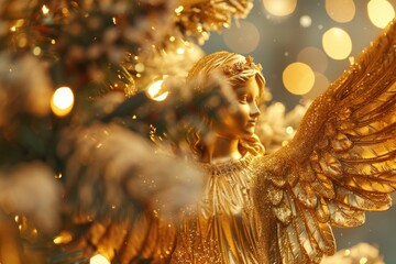 Fototapeta premium A golden angel statue in front of a Christmas tree. Perfect for holiday designs
