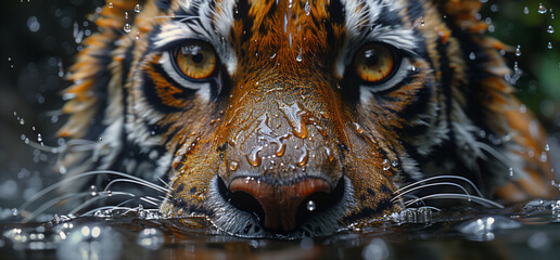 Closeup of a Bengal tigers face reflected in the water