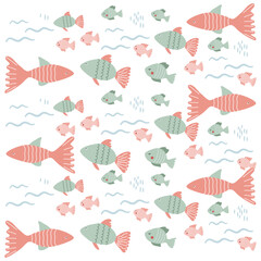 Cute underwater animal pattern. Cute pastel color of fish pattern for kids. Cute characters. Underwater background.