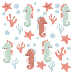 Cute underwater animal pattern. Sea Animal pattern for kids. Cute sea horse and starfish characters. Underwater background.
